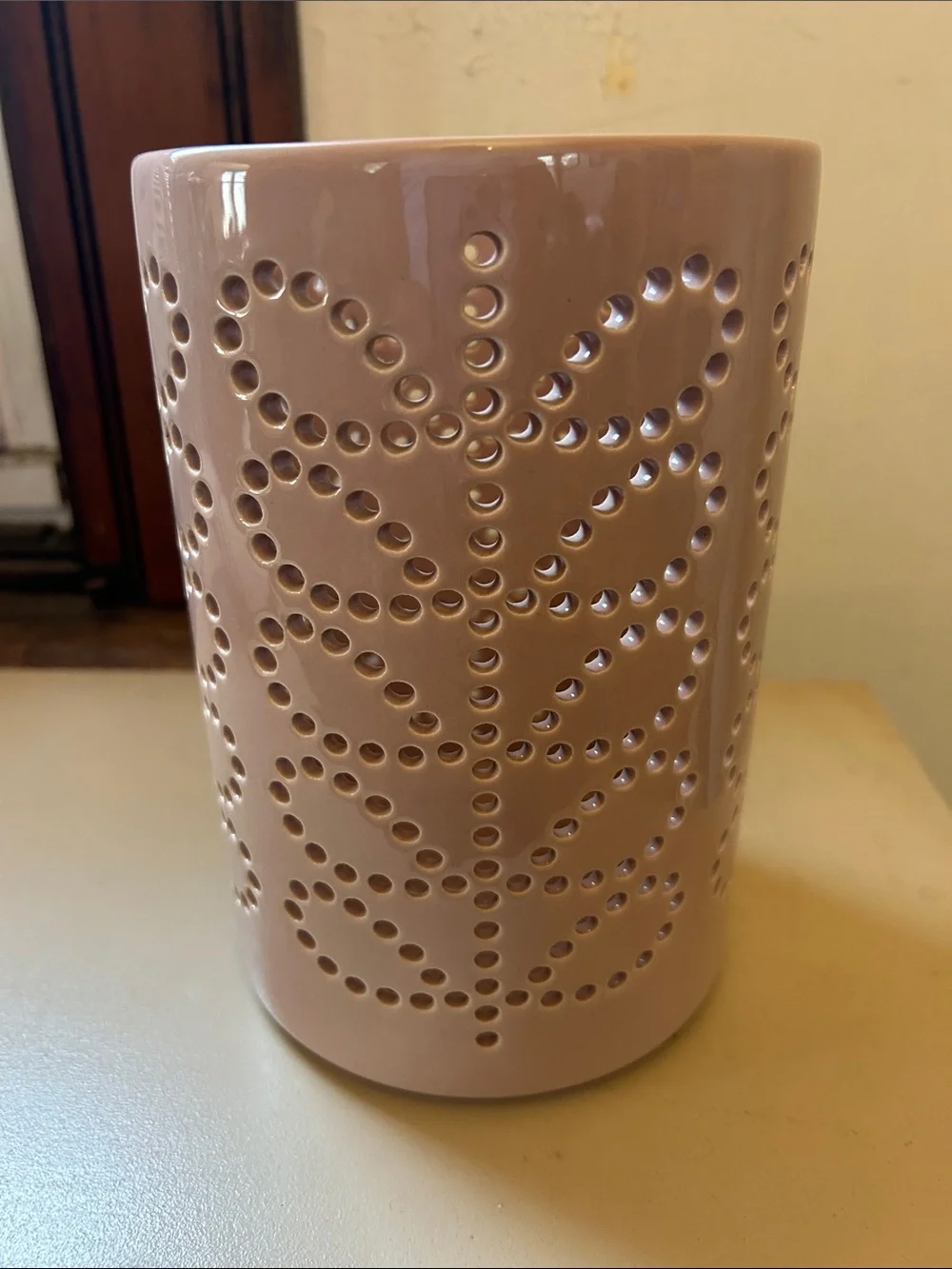 Orla Kiely Pink Ceramic Lantern with Pierced Leaf Pattern EUC